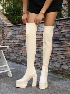 Women's Sexy High Heel Knit Boots, Fashionable over Knee Long Booties, Fall Winter Outdoor Slim Fit Shoes, Large Size Available