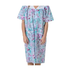 's Short Sleeve Woven Snap-Front Closure Floral Embroidery Housecoat Duster Lounge Nightgown Robe with Front Pockets