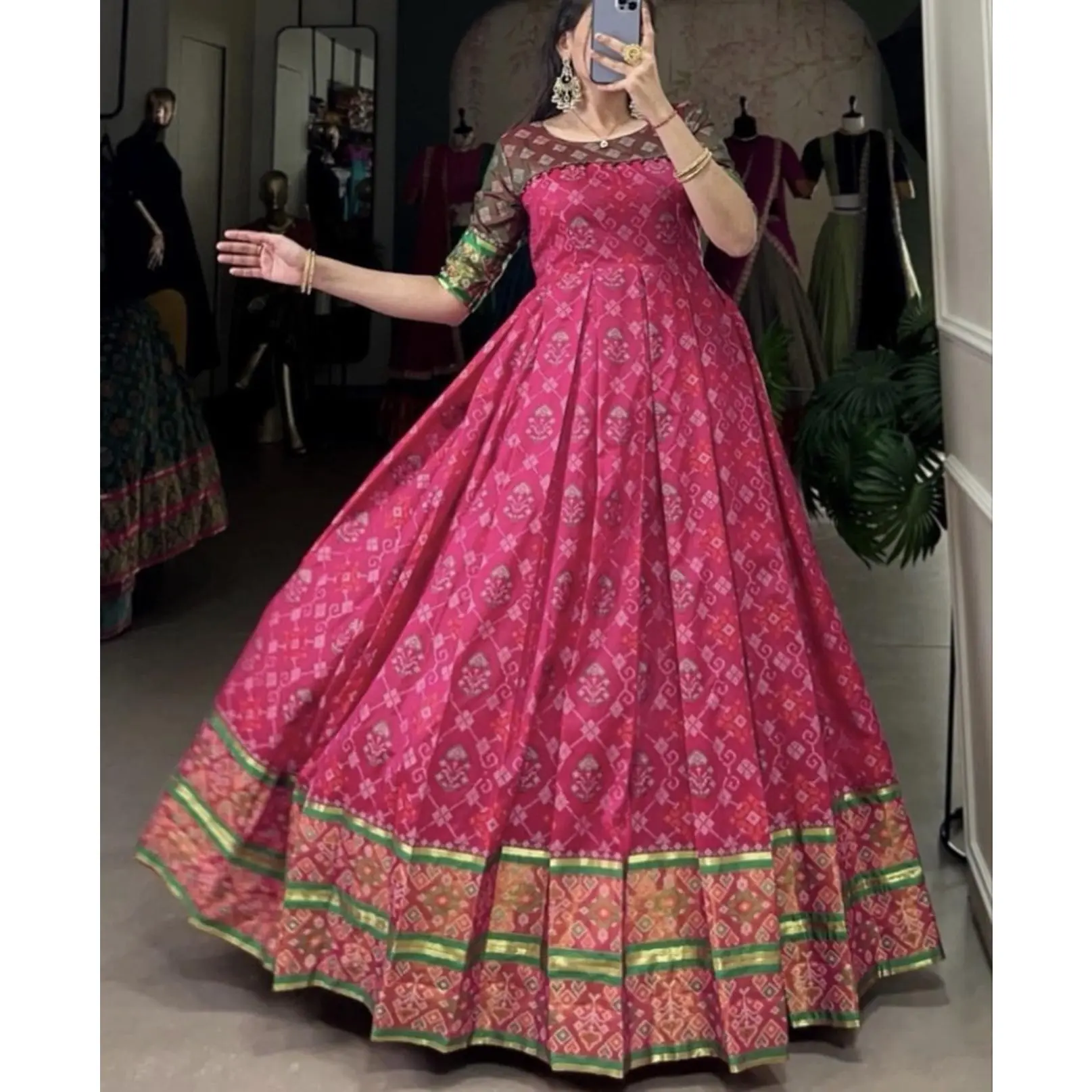 Pravin Ben Order - Elegant Pink Anarkali Dress with Green Border and Intricate Embroidery