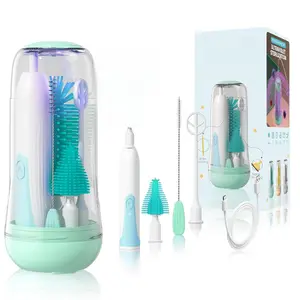 Electric Travel Baby Bottle Brush Set with Storage Box, Automatic Bottle Cleaner Brush Kit with Silicone Bottle/Nipple/Straw Brush, Milk Frother Electric and Drainage Rack, Rechargeable, Green