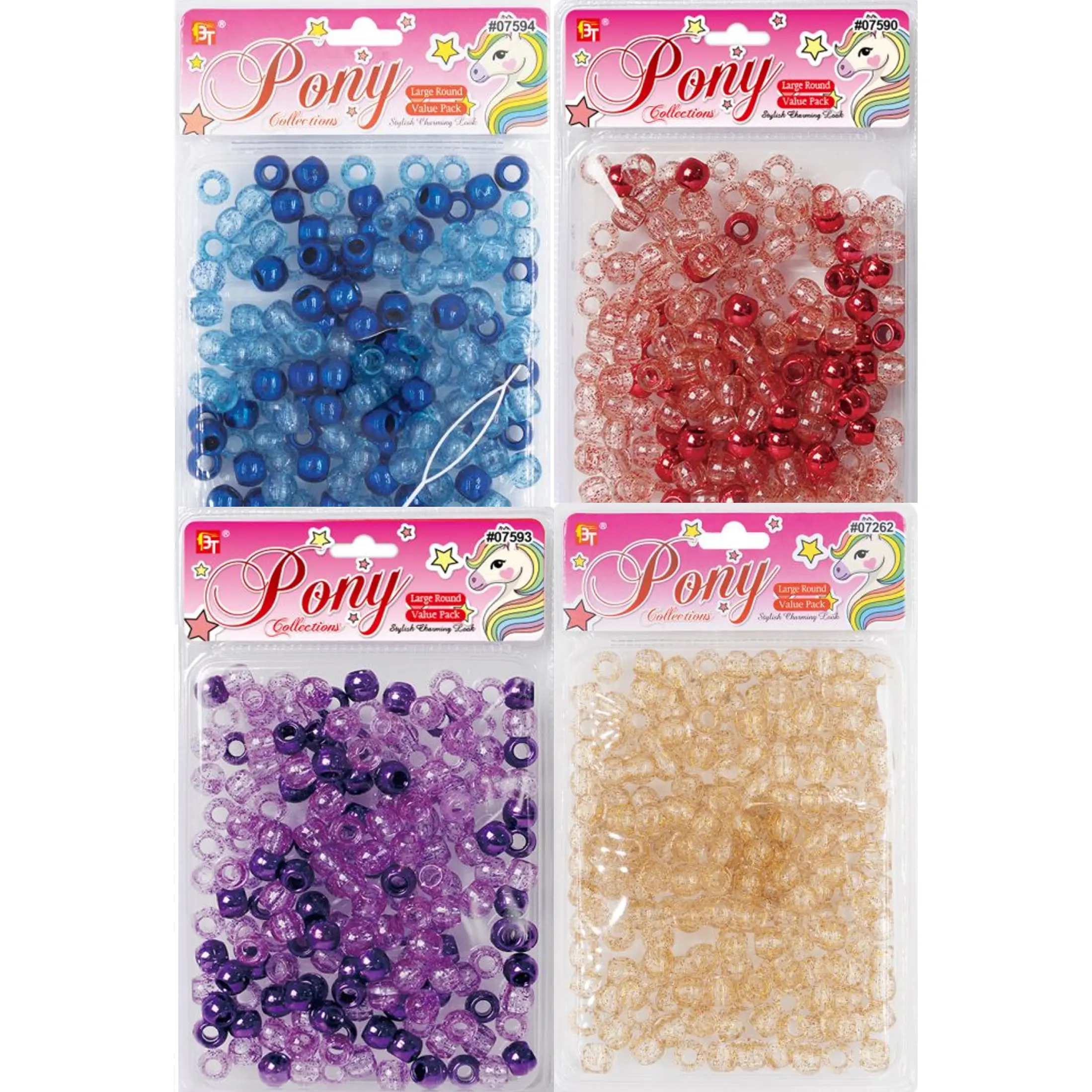 BEAUTY TOWN 180 Pcs Large Round Galactic Pony Beads, Plastic Hair Accessories for Unisex Kids' Braiding and Crafts, Includes Beader