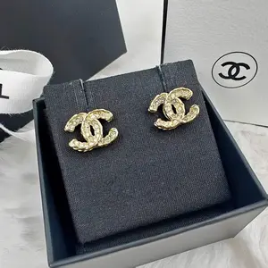 Pre-owned Chanel MIni Gold Brass Logo Stud Earrings 1108GIA0018