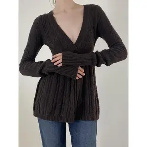 y2k Sweaters Tops Women Solid Color V Neck Long Sleeve A-line Knit Pullovers Knitwear Womenswear