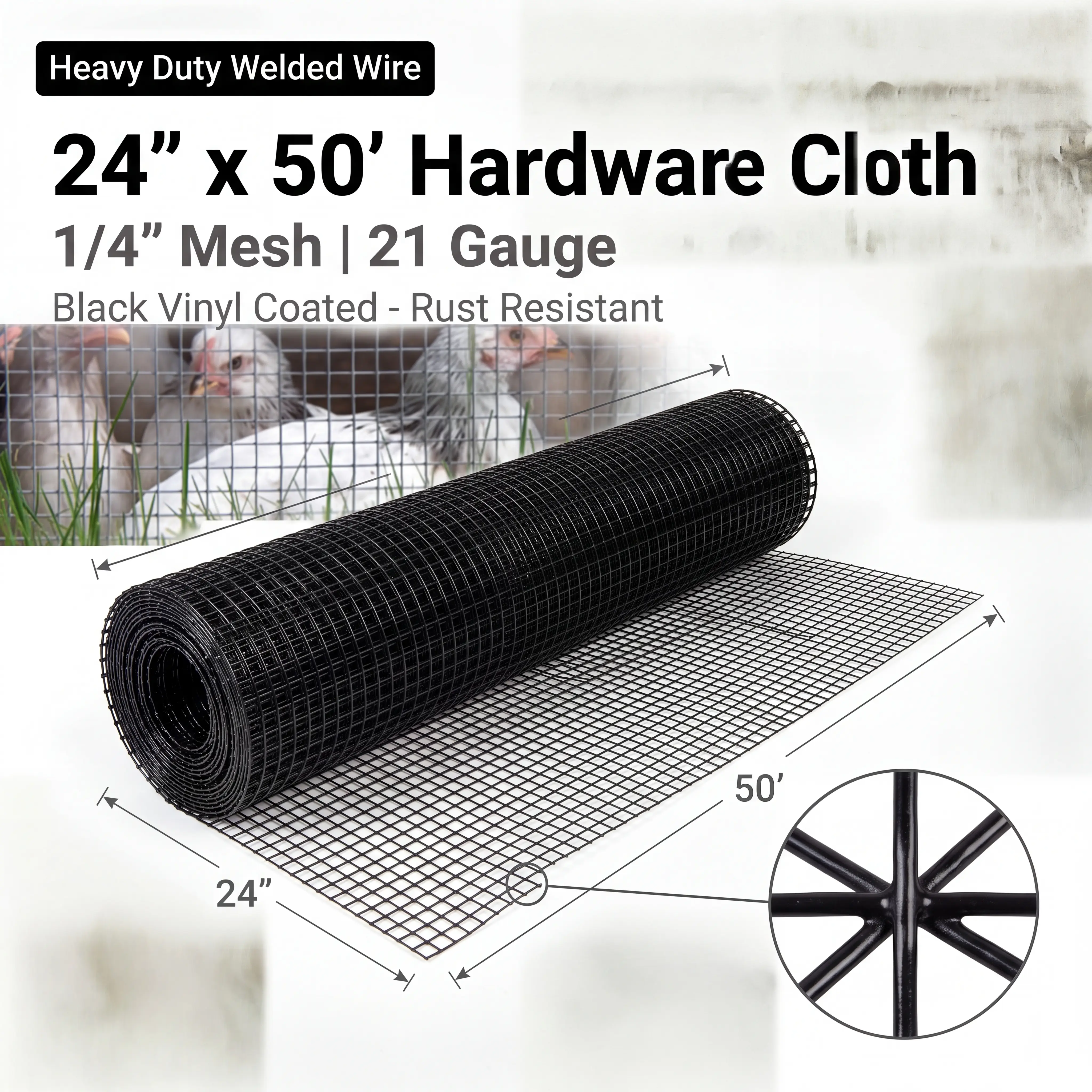24" x 50' Black Hardware Cloth 1/4" Mesh - 21 Gauge Vinyl Coated Chicken Wire, Heavy Duty Welded Wire Fence for Chicken Coop, Rabbit Run & Predator Proof Pet Cage