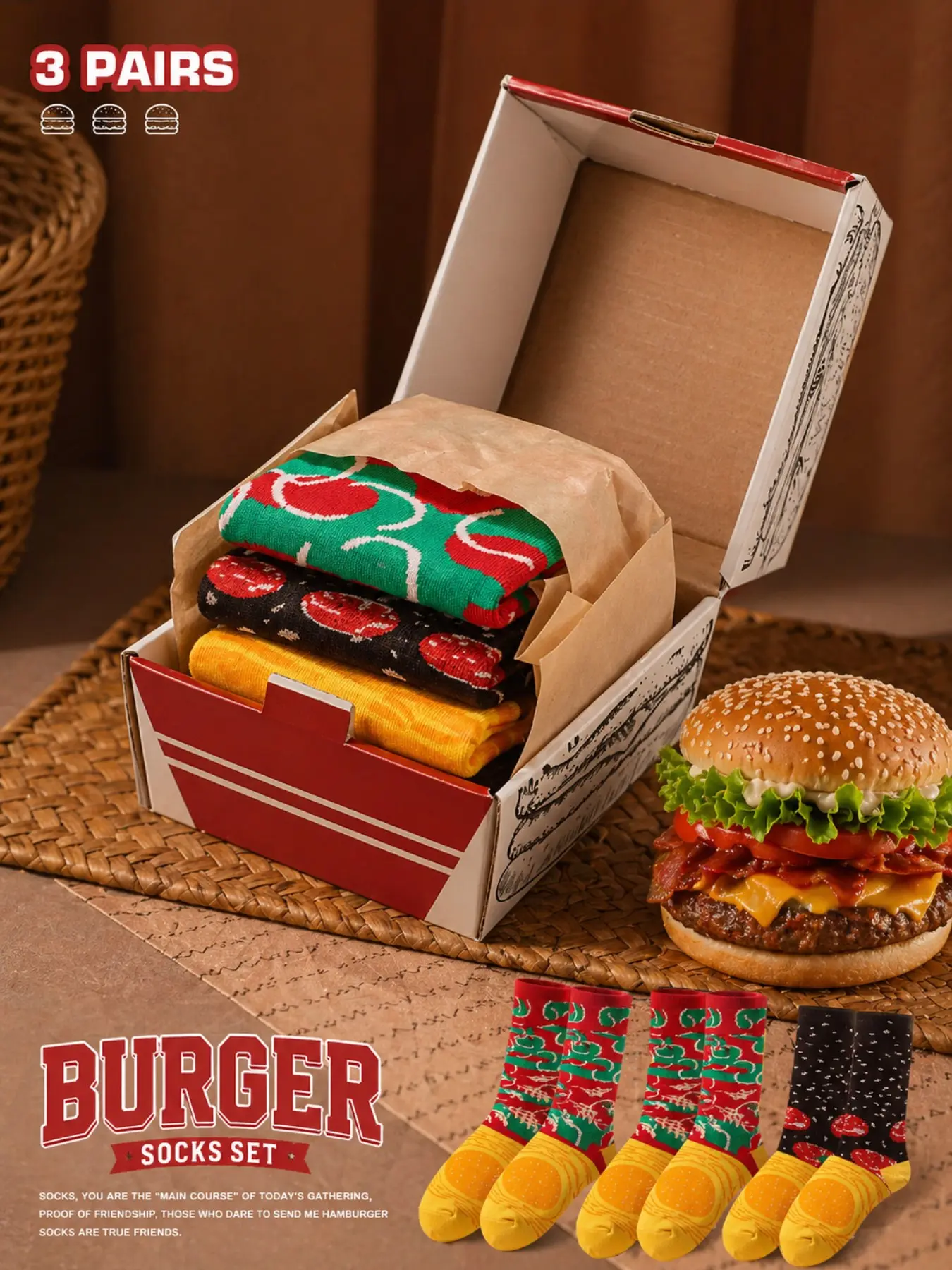 3 Pairs Burger Gift Box Socks, Fun Trendy Unisex Crew Socks, Creative Food Design, Warm Soft Comfortable, Perfect Gift Sock Set