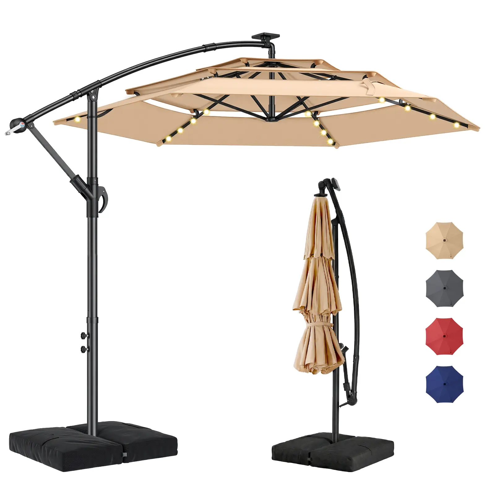 【Dealsforyou】】10ft Solar LED Patio Umbrella with Base & Light, UPF50+ UV Protection,  Outdoor Offset Cantilever Patio Umbrella LED Lighted Hanging Patio Outdoor Market Umbrella with Easy Tilt and Crank for Pool Deck & Garden