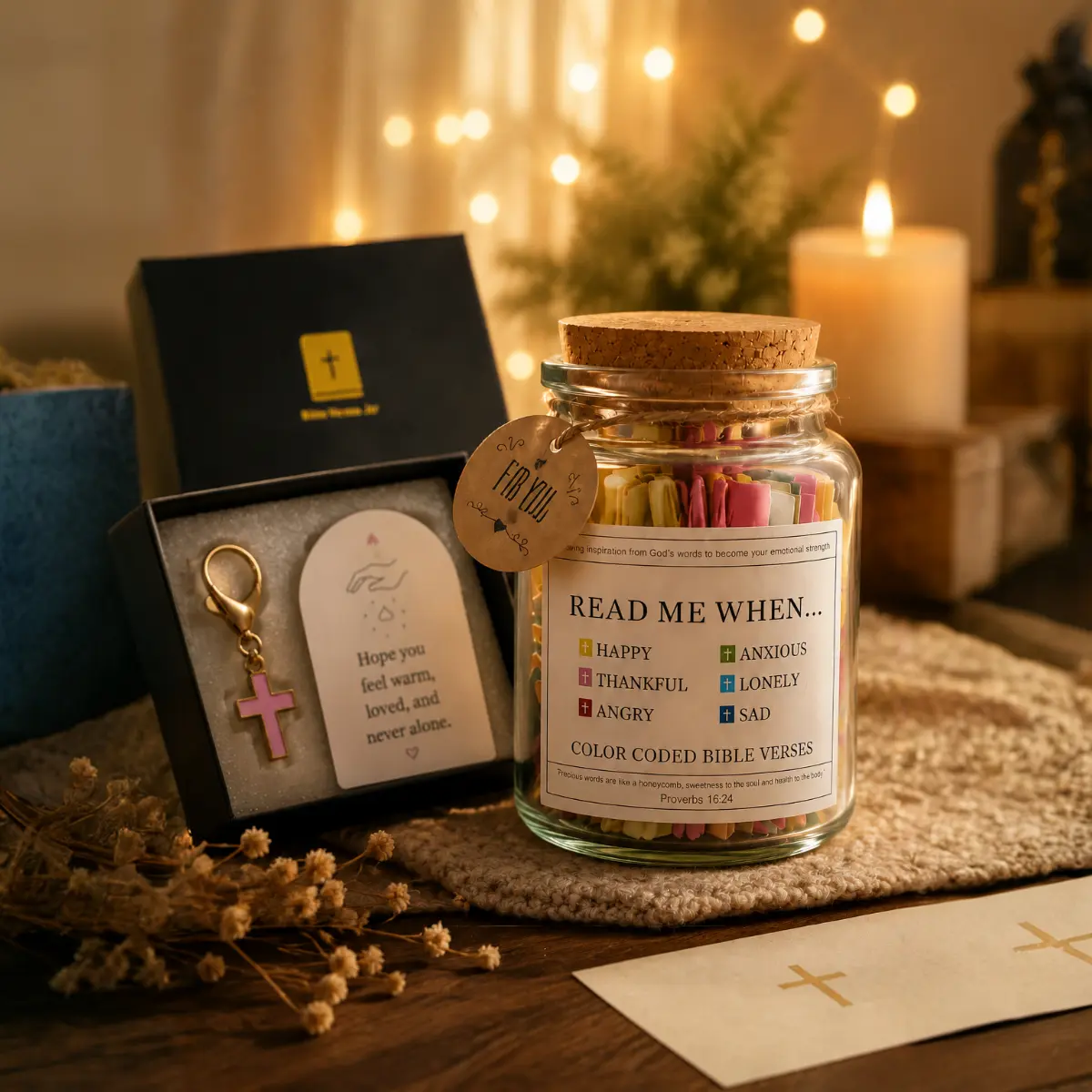 3 pc Verse Jar Inspirational Scripture Notes Faith Party Gift for Christian Women Men Includes FREE Cross Keychain & Lavender Card, Strength and Hope for Every Emotion Gift Decoration Gift Set, Mother’s Day Box Gifts Set Gifts Basket