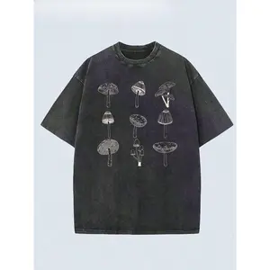 Graphic Tees Summer Tops2026Women'S Vintage Distressed Oversized T-Shirt Heavyweight Soft Washed Texture, Loose Fit Round Neck Short Sleeve With Retro Mushroom & Forest Print Breathable  Tsummer Clothes Washed Cotton100% Cottonmotif Women Clothes,Y2k Tops