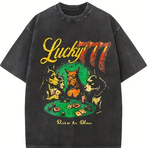 Lucky 777 Poker Dog Vintage Graphic T-shirts, Retro Casino Gambling Graphic Tee, Gambler Unisex Adult Shirts