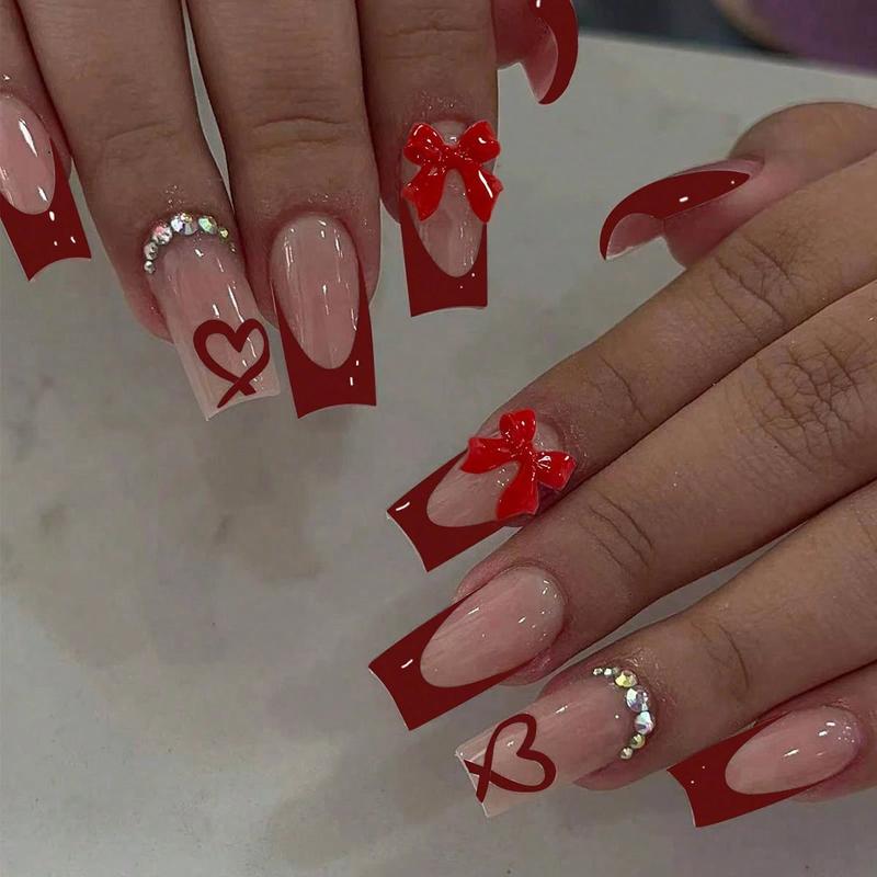 24pcs/Set Acrylic Press-On Nails, Heart Pattern, Red French, Rhinestone Bow Design, Long Coffin Shape, Perfect Fit Fake Nails, Includes 1pc Jelly Gel And 1pc Nail File, French Manicure, Suitable For Women And Girls, Daily And Party Nail Accessories