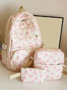 Three-Piece Set Girl College Student Backpack For School, Japanese Style Large Capacity Travel Lightweight Bag, Cute Strawberry Corduroy Printed Shoulder Bag