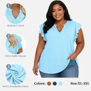 VOGARCE Plus-Size Notched V Neck T Shirts Womens Summer Tops Cute Dressy Ruffle Short Sleeve Blouses Trendy Casual Tunics Tee VPS0153