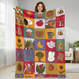 Cozy Patchwork Flannel Blanket with Woodland Animals and Nature Elements  Soft Warm Lightweight  Perfect for Sofa Throw  Bedroom Decor  Autumn Camping  Holiday Gift