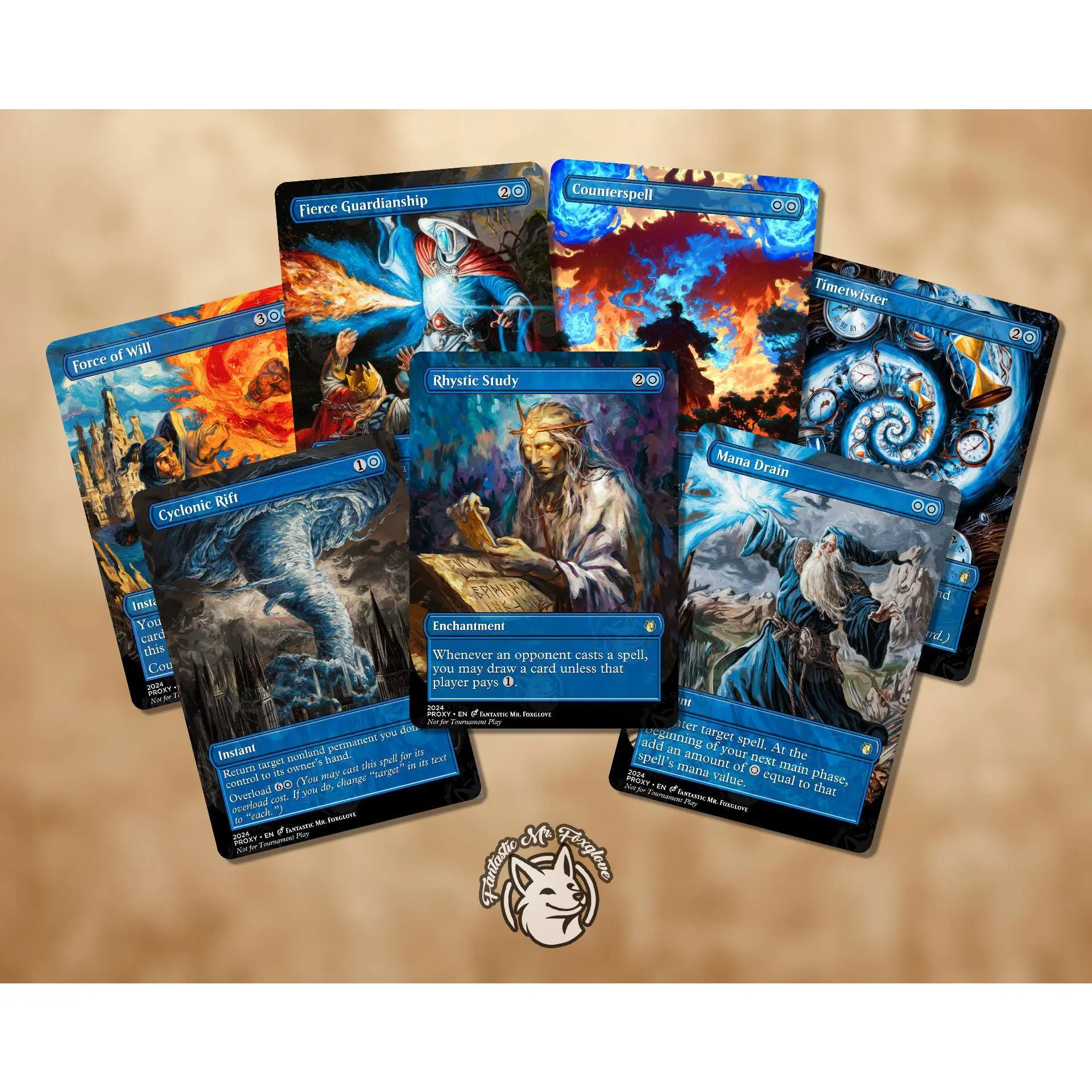 7+ Blue Staples | Proxies — Up to 36 Cards! Rhystic Study, Cyclonic Rift, Mana Drain, Force of Will, Fierce, Remora, Oracle, Mystical Tutor