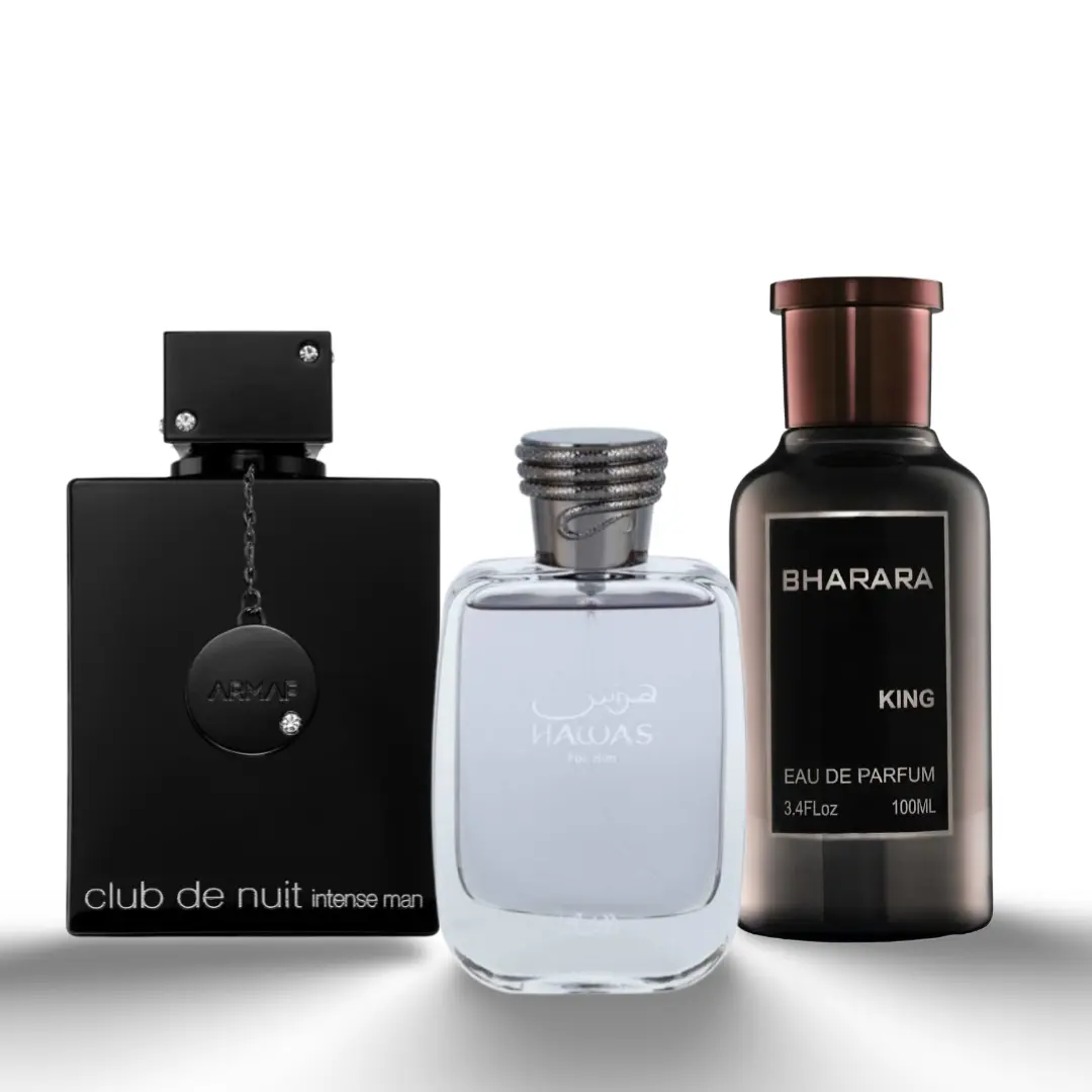 Lattafa Unisex Longlasting Blueberry Scented EDP Body Perfume Multi-Pack Gift Bundle - Fruit-Based Fragrance Includes Bhrarah King, Rasasi Hawas, Club de Nuit Black by Afnan, Biodegradable