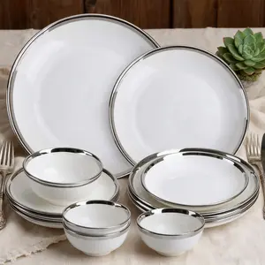 12-Piece Porcelain Dinnerware Set with Silver Rim- Durable Porcelain Plates & Bowls, Complete Service for 4