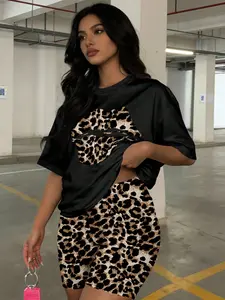New Women's Short Sleeve Shorts Set, Leopard Print Streetwear Casual Style, Western Fashion 2-Piece Suit, Fitted Above the Knee