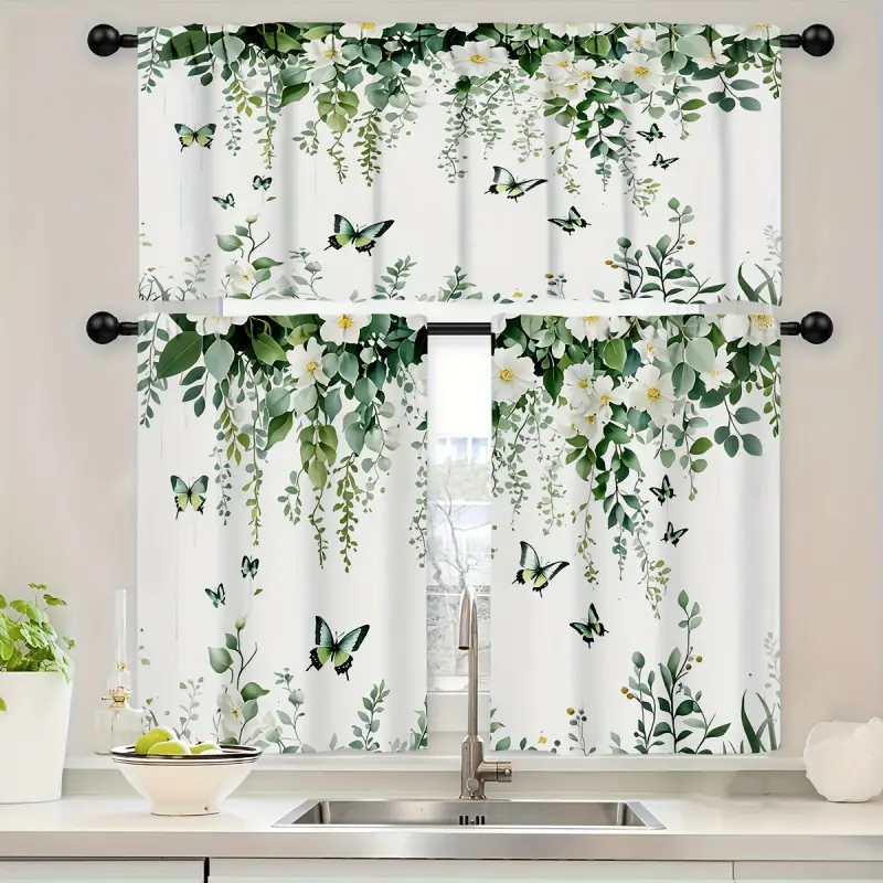 Vintage Floral Botanical Curtain Combo - Rod Pocket Valance & Tier Set, Green Leaf, White Flower, Butterfly Design Home Textile for Kitchen Window Decor