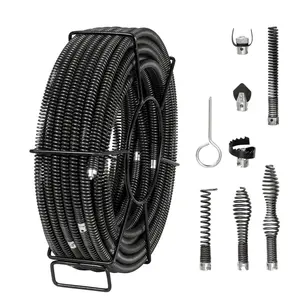 Drain Cleaning Cable 100 Ft X 5/8 Inch - Professional Sectional Drain Cleaner Cable With 7 Cutters For 0.8 To 3.9 Inch Pipes - Hollow Core Sewer Drain Auger Cable For Sink, Floor Drain, Toilet