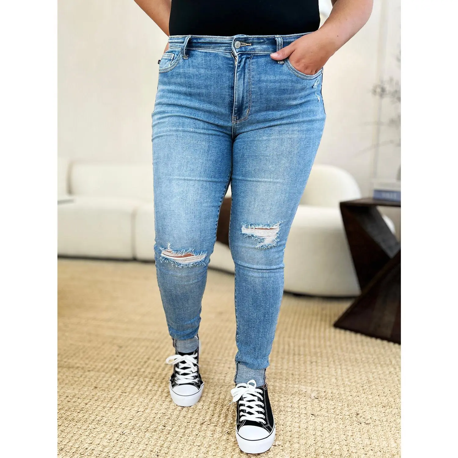 Judy Blue Full Size Mid Rise Destroy & Cuff Skinny Jeans Fit Womenswear