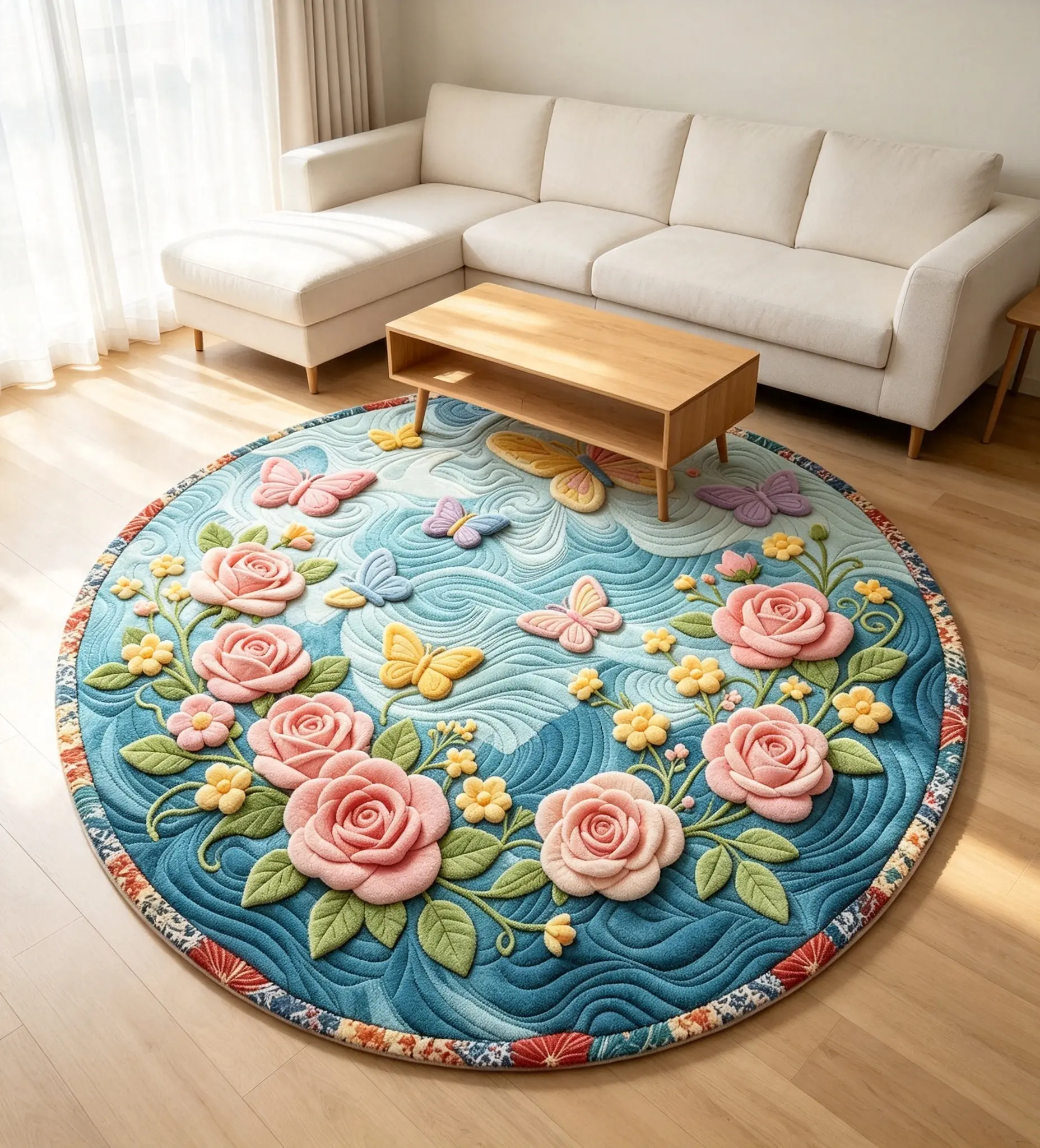 Butterfly & Rose Embroidered Round Tablecloth with Floral Border, Colorful Design for Room Decor, House Decor
