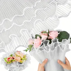 Ccinee 4.37 Yard Floral Packaging Net Paper, Pearl Ruffled Wave Mesh Fabric, DIY Handmade Craft, Valentine's Day, Wedding, Flower Shop Supplies, Rose Wrap