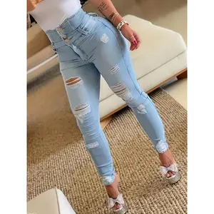 Elegant woman Trendy Ripped Hole Skinny Jeans - High Waist, Distressed, Single-Breasted, Button Fly, Slash Pockets, Comfortable Stretch Denim, Women's Fashionable Casual Pants for Everyday Wear
