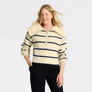 Women's Long Sleeve Quarter Zipped Pullover Sweater - A New Day Cream/Navy Stripe L