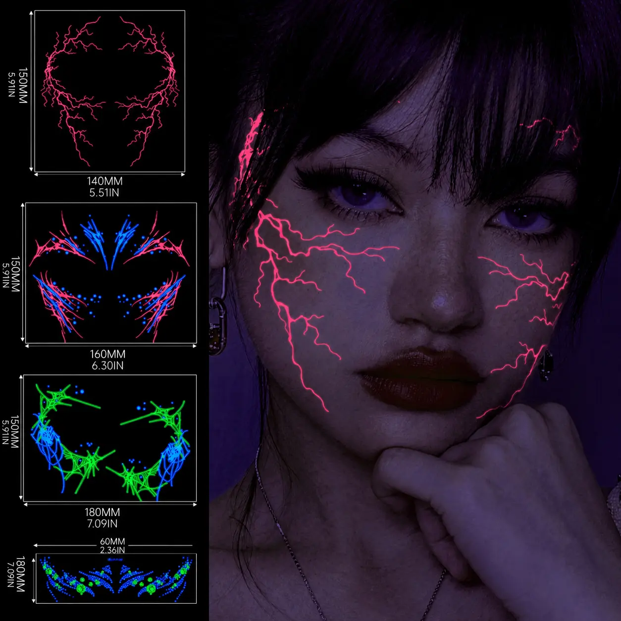 UV Neon Face Stickers for Women Men, Glow Party Face Decals, Cyberpunk Festival Makeup Stickers, Blacklight Reactive Face Art for Halloween Rave Party Cosplay