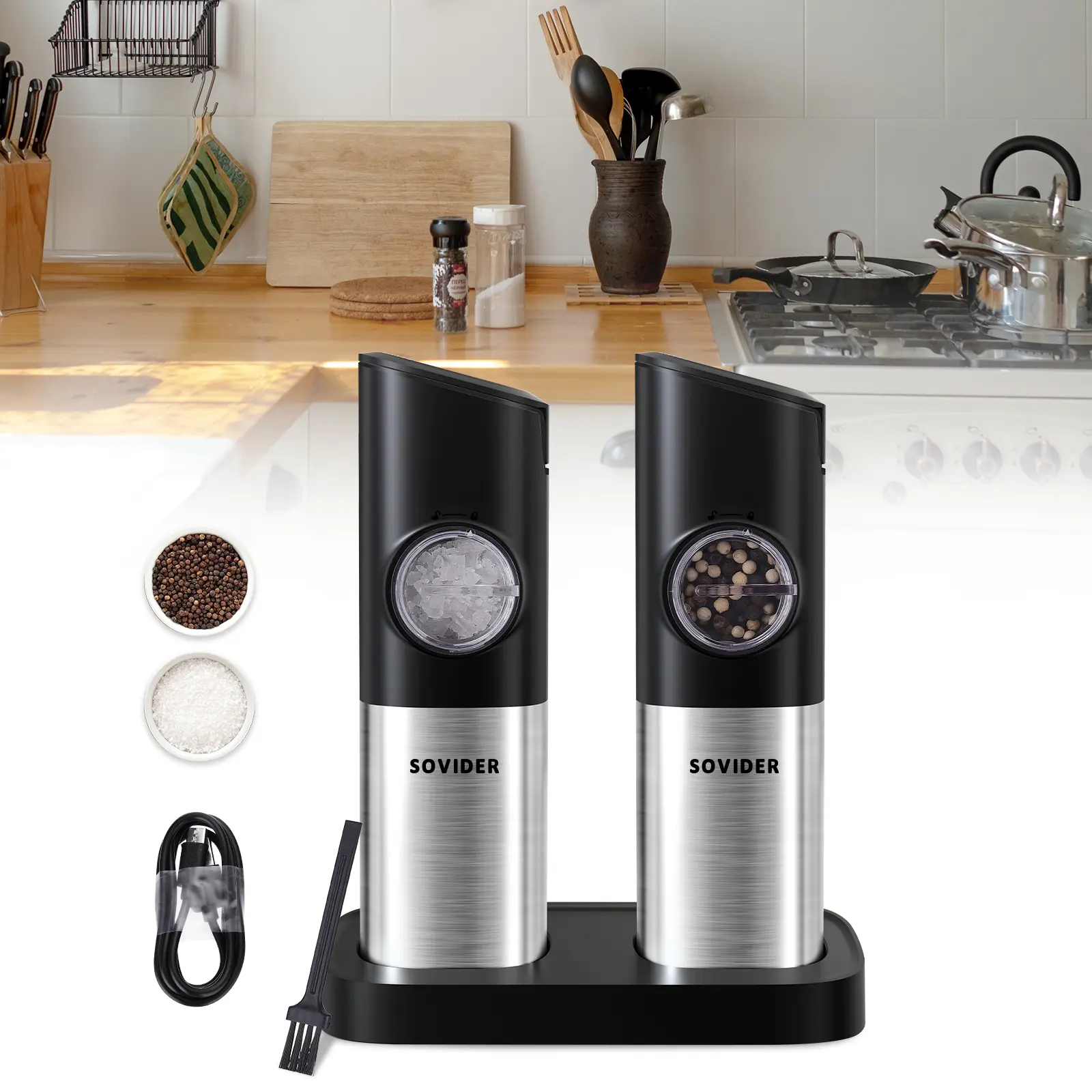 Electric Grinder, 2 Salt and Pepper Grinders with Base, Adjustable Thickness, Stainless Steel, Suitable for Spices, Kitchen Utensils, Holiday Gifts
