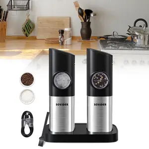 Electric Grinder, 2 Salt and Pepper Grinders with Base, Adjustable Thickness, Stainless Steel, Suitable for Spices, Kitchen Utensils, Holiday Gifts