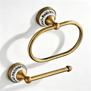 2 Pieces Antique Brass Set, Vintage Paper Holder and Hand Holder Set, Retro Wall Mounted Roll Holder and Ring for RV,Hotel