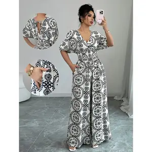 【 plus size 】 Full printed wide leg jumpsuit, fashionable jumpsuit, Bohemian casual V-Lord teaching sleeve jumpsuit, suitable for daily vacation wear, summer women's plus clothingRAIMENTRY