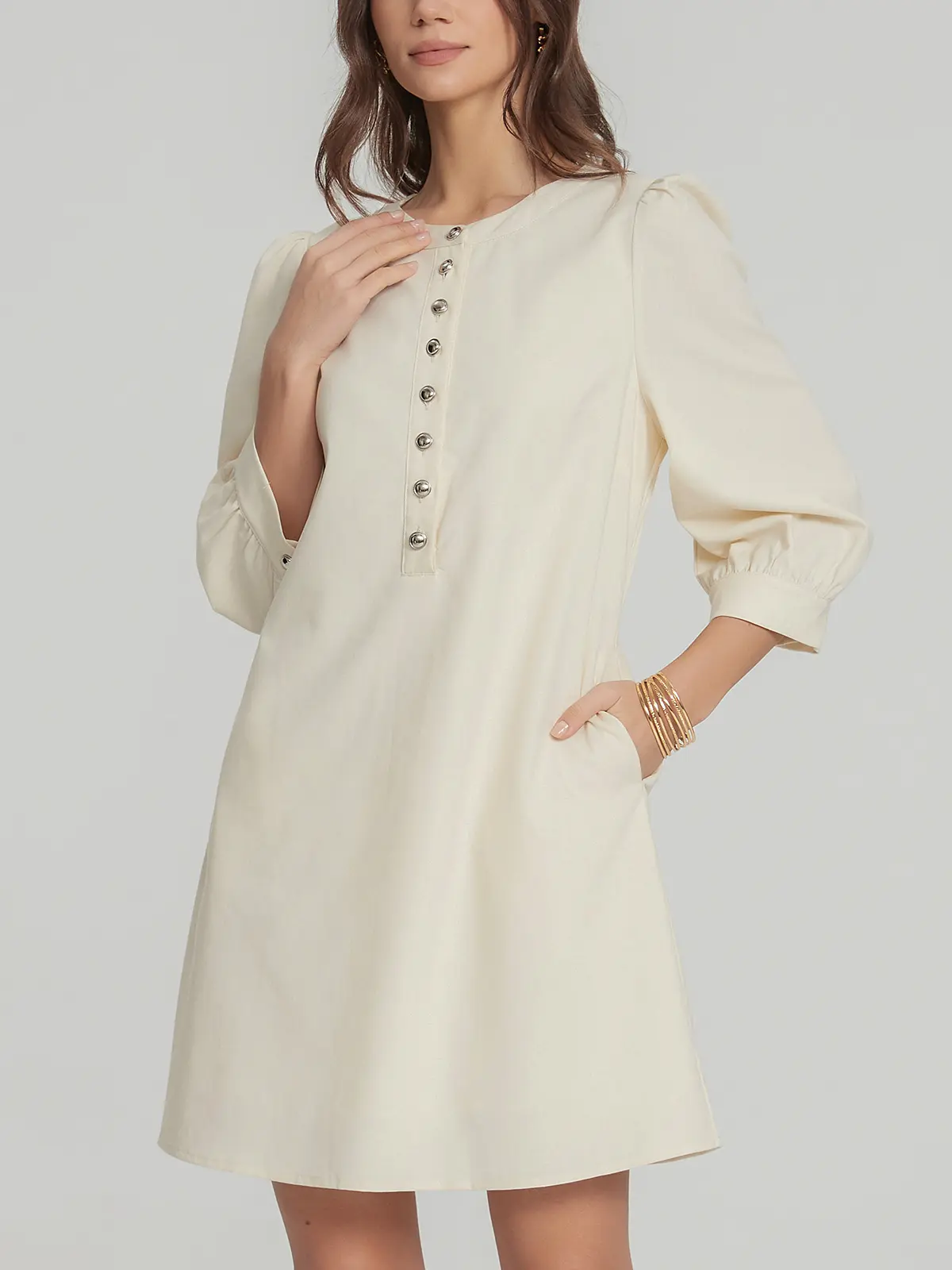 Women's Summer Mini Shift Dress - Button-Up Crew Neck, 3/4 Puff Sleeves, Elegant Casual Business Office Wear Fabric Formal Lightweight Modest