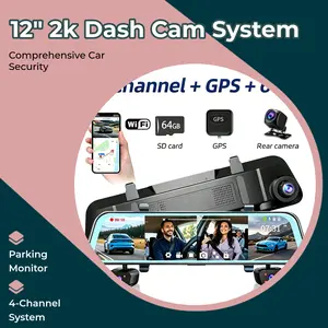 12" 2K Touch Screen Mirror Dash Cam - 4 Channel (Front/Rear/Sides), WiFi GPS &Free 64GB Card Backup Camera