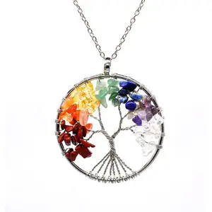 7 Chakra Tree of Life Wire Wrapped Link Chain Pendant Necklace Reiki Natural Stone Crystal Gemstone Beads Necklace for Women Men Yoga Meditation Jewelry Rotating Cross Crown Circle Pendant Necklace