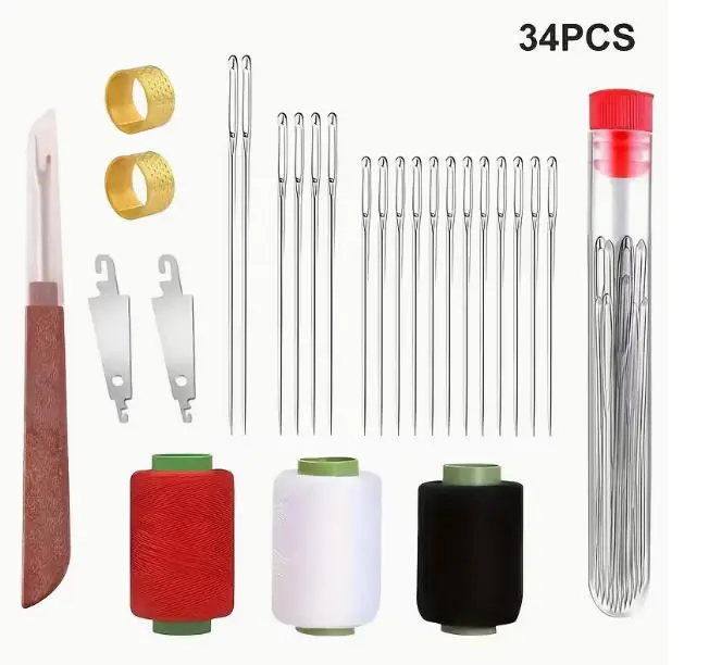 34pcs (5 Sizes) Large-Eye Sewing Kit for Seniors - Easy-Thread Hand Needles with Threaders, 3 Spools Polyester Thread (Black/ White/ Red) & Storage Tubes - Complete Steel Needle Set for Home Quilting, Crafting, Garment & Fabric Repair"