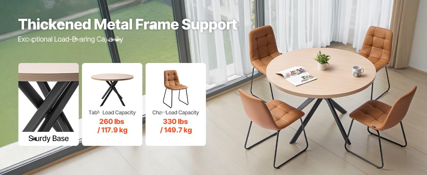 5-Piece Round Dining Table Set For Small Spaces - Space-Saving Kitchen Table With 4 Upholstered Orange Chairs, PU Leather Cushions, Modern Wood-Tone Finish, Adjustable Foot Pads, Ideal For Dining Room