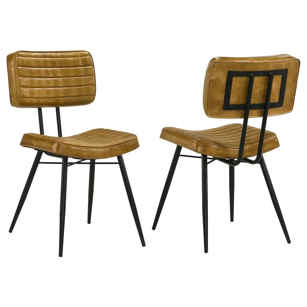 Luxury Misty Goat Leather Dining Chairs (2-Piece) - Industrial Loft Apartment Indoor Furniture, Tufted Seats, Padded Backrests, Rustic Warm Hue, Deep Black Metal Frame