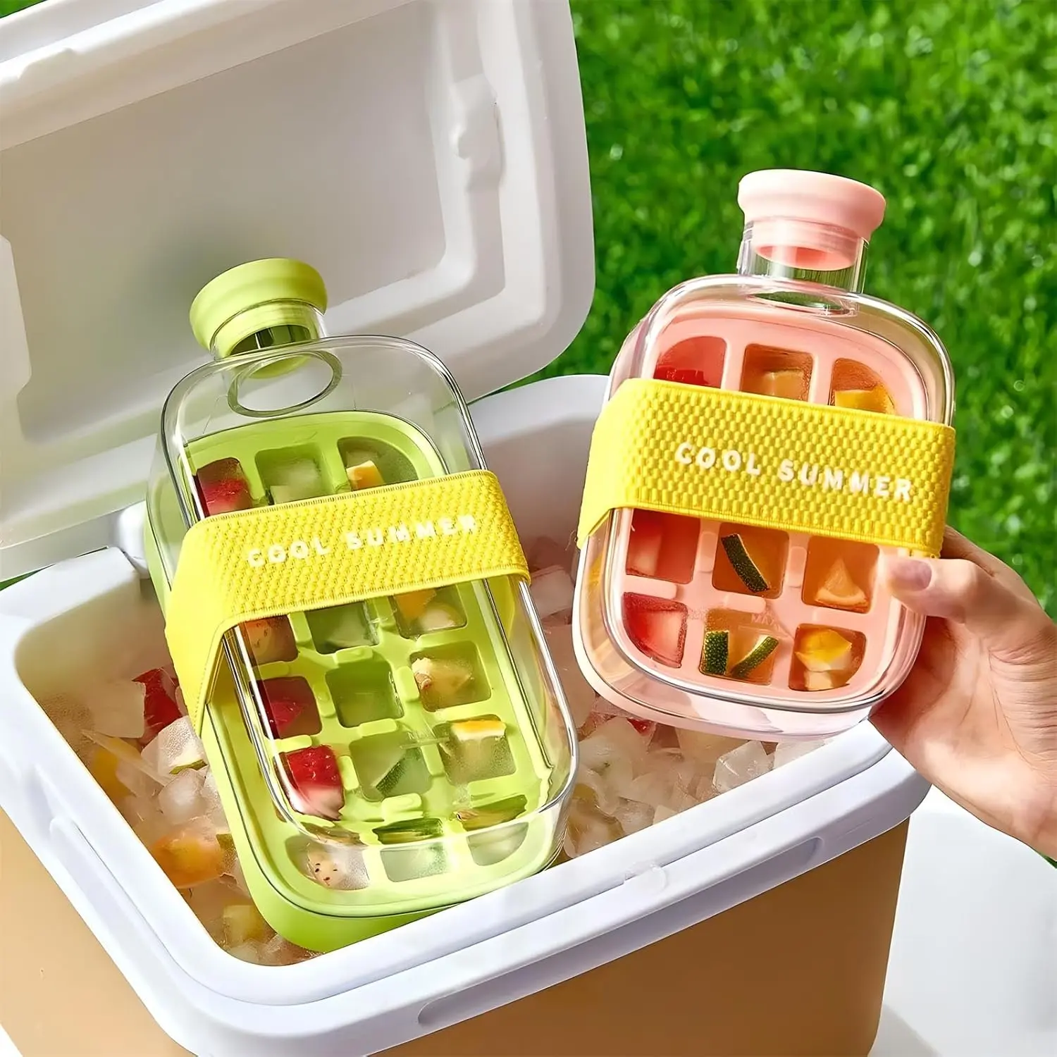 2025 Upgrade Ice Cube Bottle with Straw, 2 in 1 Touch Free Ice Cube Tray Water Bottle, Leakproof Silicone Ice Mold Ice Cube Tray Press Easy Ice Release for Freezer Coffee Juice Beverage (Green)