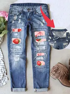 Women's Patch Ripped  Distressed Stretchy Waistband Boyfriend Patchwork Unique Print Mid-Waist Jeans Fitted Denim Pants Woman's Casual Daily Wear Comfy for All Season