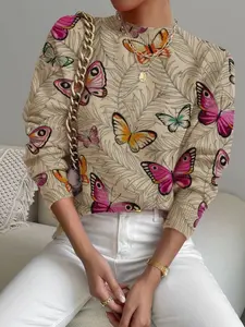 Women's Butterfly Plant Print Stand Collar Sweater, Casual Long Sleeve Knitwear for Fall Winter, Comfortable Warm Daily Wear