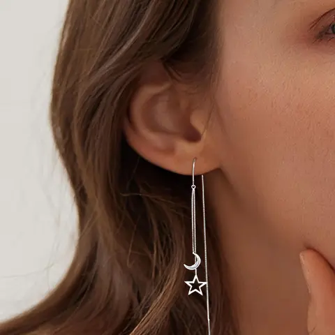 Star & Moon Design Tassel Dangle Earrings, Fashion Matching Jewelry for Party, Daily Clothing Decor, Minimalist Romantic Aesthetic Jewelry Gift