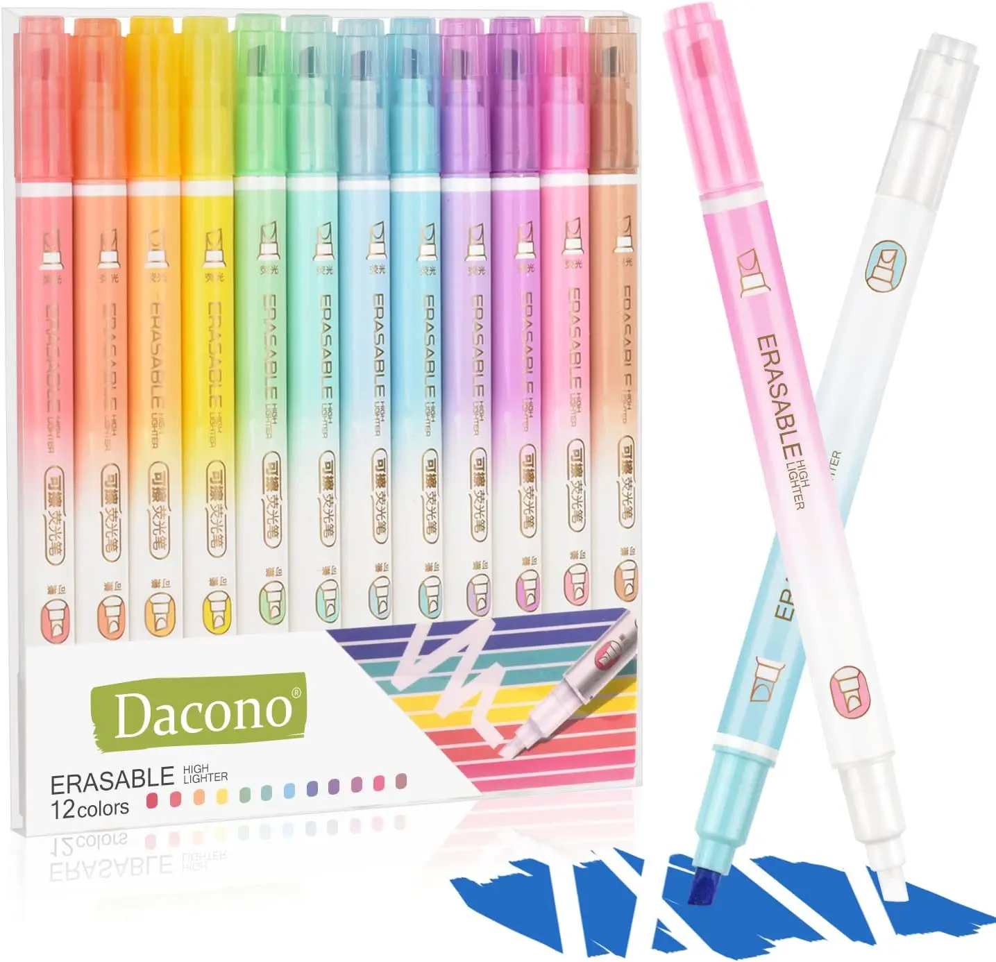 Erasable Highlighters, 12-Pc No Bleed Through Chisel Tip Assorted Colored Markers & Highlighters for Journaling Supplies, Highlighting, School Office Stationery