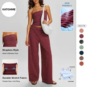 KatchMe Women's Casual Color Matching Stripe Slim Tube Top & Low-Rise Wide Leg Trousers Co-ord, Lightweight Wrinkle-Resistant Spring & Summer Outfits, Skin-Friendly Two Piece Sets