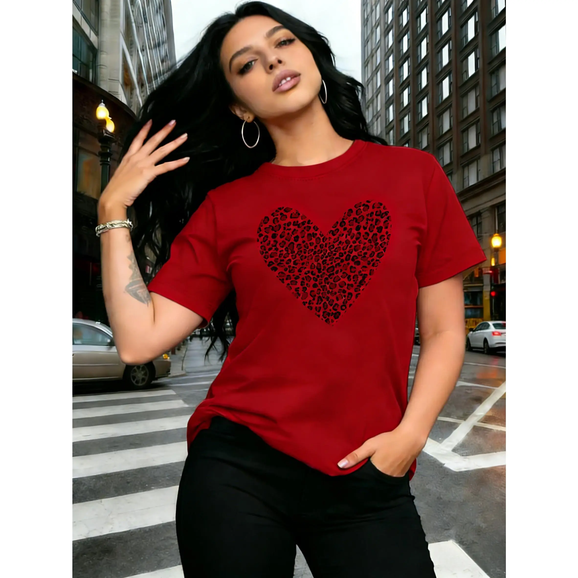 Women's Oversized 100% Pure Cotton Smooth Fabric Graphic T-Shirt - Round Neck, Short Sleeve, Printed with Leopard, Heart, Letter Designs, Multiple Colors, Comfortable for Spring & Summer Casual Wear