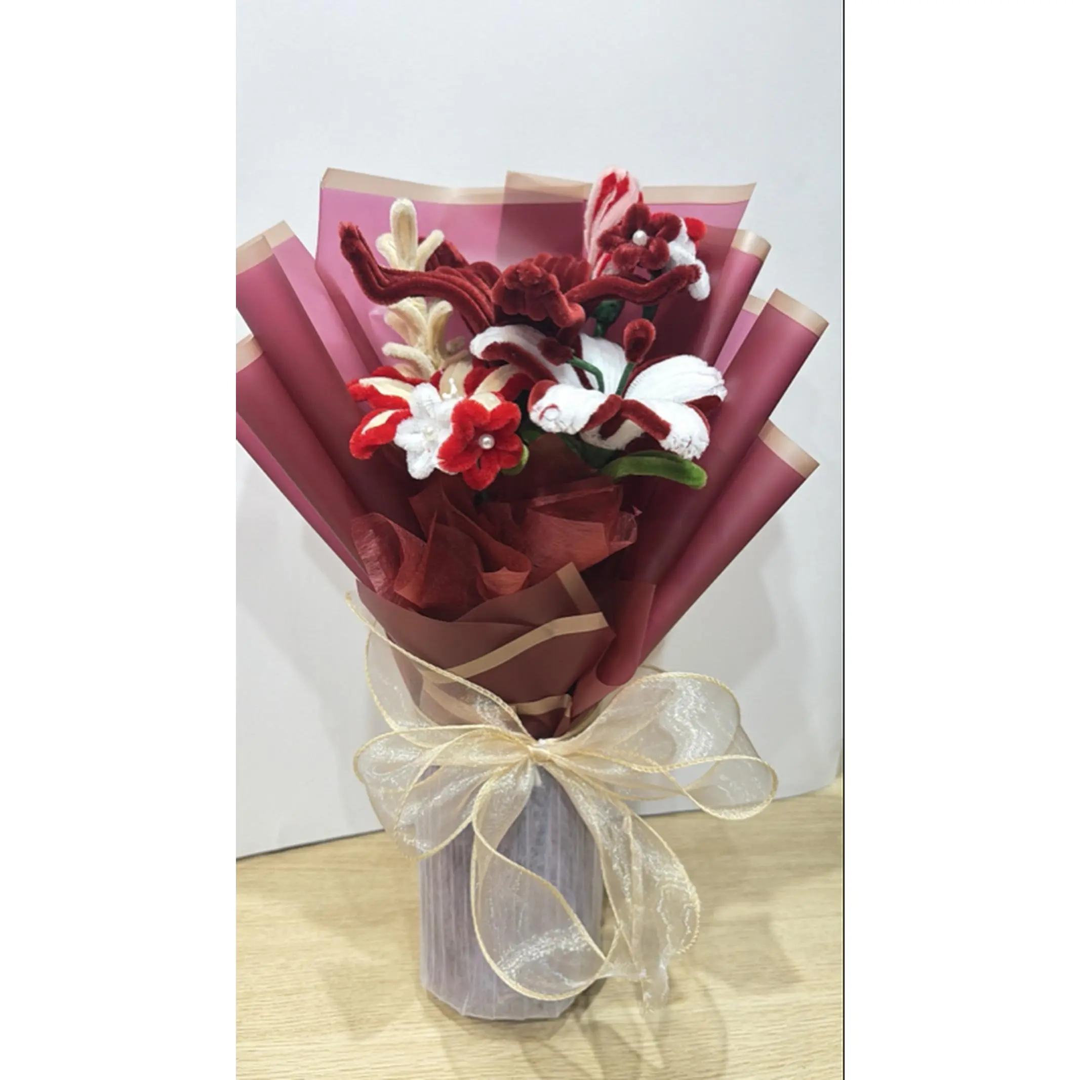 Elegant Red and White Floral Bouquet in Maroon Wrap with Gold Ribbon for Special Occasions