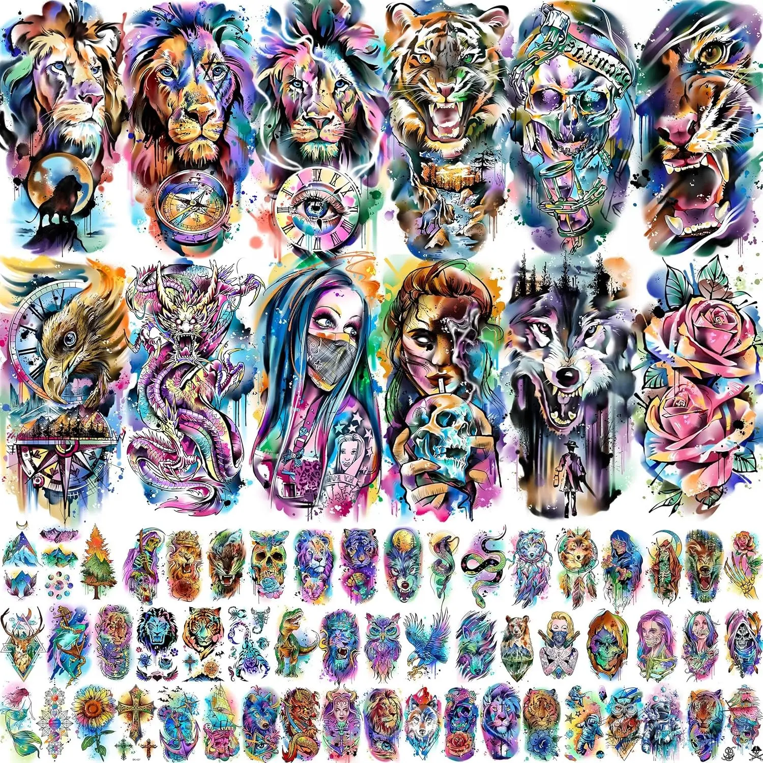 65/66 Sheets Watercolor Temporary Tattoos For Men Women Forearm Shoulder Legs Body Arm, 12 Sheets Long Lasting Lion Tiger Wolf Dragon Ealge Fake Tattoo Sleeve Adults, 53/54 Sheets Small Tatoos Kids