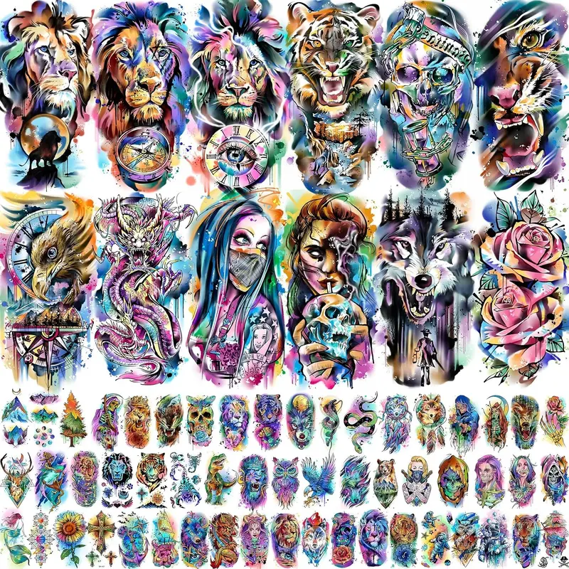 65/66 Sheets Watercolor Temporary Tattoos For Men Women Forearm Shoulder Legs Body Arm, 12 Sheets Long Lasting Lion Tiger Wolf Dragon Ealge Fake Tattoo Sleeve Adults, 53/54 Sheets Small Tatoos Kids