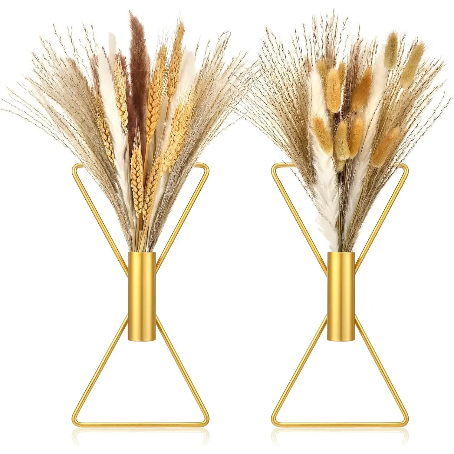 2-Pcs Geometric Boho Metal Wall Decor X-Shaped Hanging Planters with Artificial Indoor Pampas, Decorative Modern Home Decor Set for Bathroom, Kitchen, Living Room (Gold), Vase, Ornaments